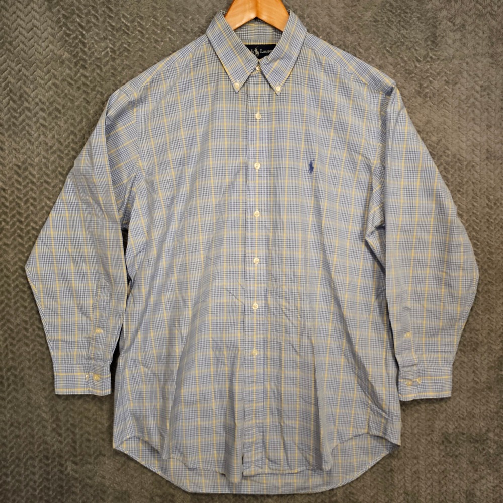 Ralph Lauren Yarmouth Mens 16 32/33 Blue Yellow Plaid Cotton Button Down Shirt